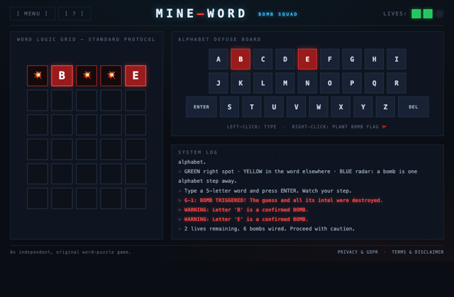 Bomb Squad mode — standard word-guess grid with bombs wired into the alphabet